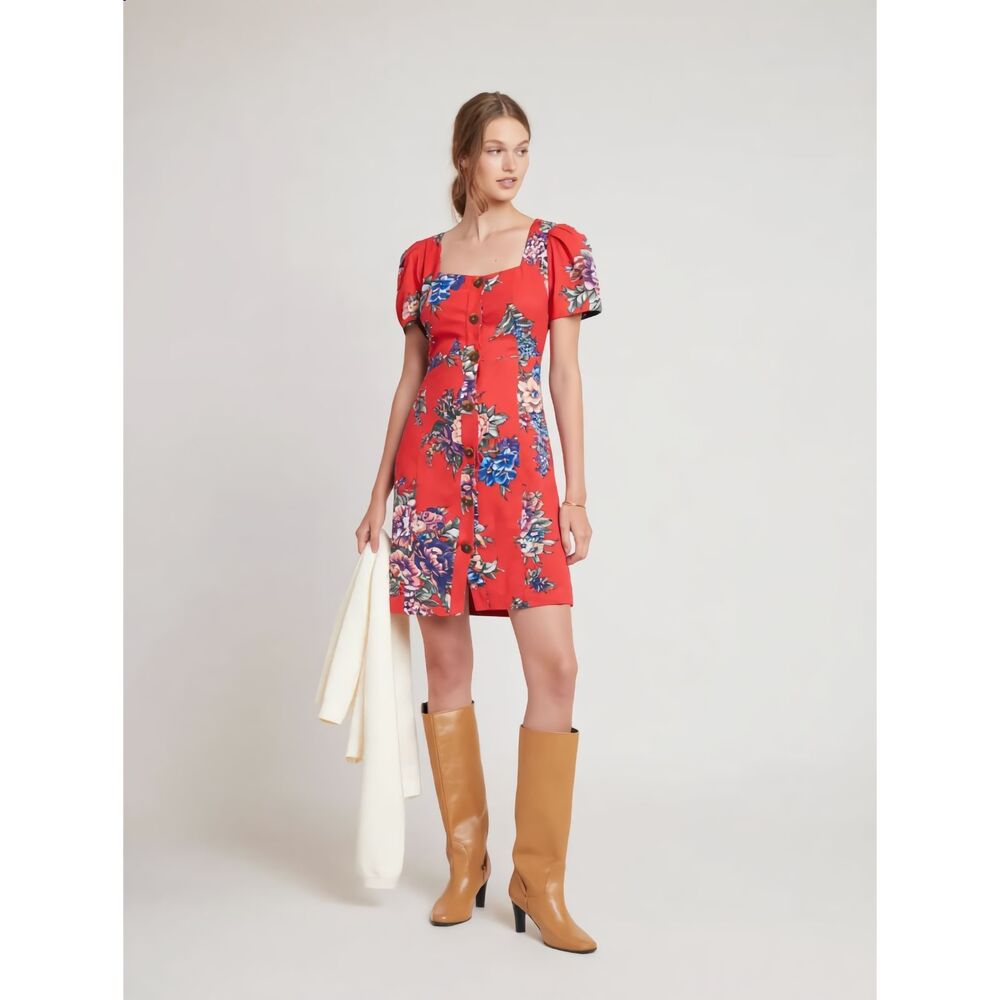 Maeve Anthropologie Red Floral Button Front Mini Dress Lace Trim Lined Size 6